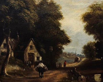 Belgische school (XIX) - Paesaggio boschivo con figure