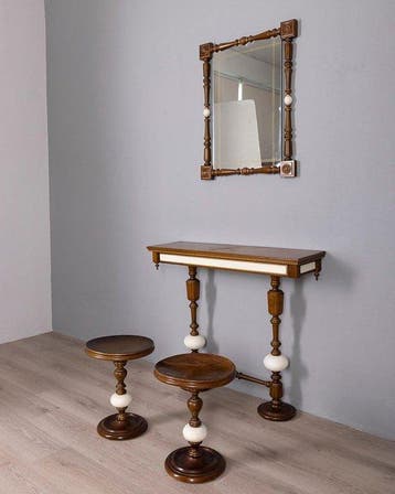 Spiegel - Hout, Glas - Spiegel, console en twee krukken, van
