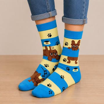 Sokken Katoen - Honden Streep Print – Blauw Beige – Maat, Nieuw