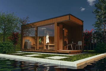 Moderne buitensauna Thermowood met veranda en kleedruimte, Ophalen of Verzenden, Nieuw, Fins of Traditioneel, Complete sauna