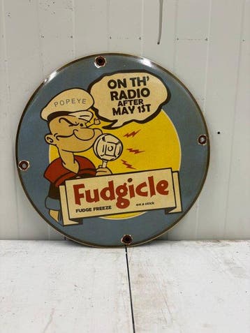 Popeye – Fudgicle Ice Cream – Rond Emaille Reclamebord -, Nieuw in verpakking