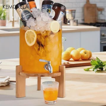 Glazen Drankdispenser 5L met Houten Standaard en Kraantje -, Verzenden