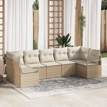 vidaXL Tuinbankenset 7 st Beige en Wit poly rattan, Verzenden, Nieuw, Rotan, 7 zitplaatsen