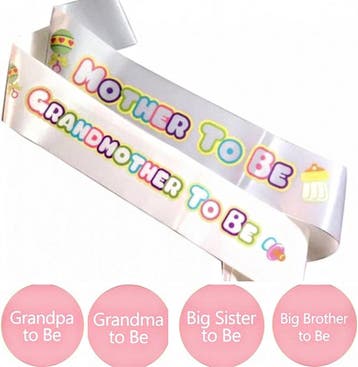 Babyshower set met buttons en sjerp set paars zwart wit goud, Verzenden, Nieuw, Versiering, Geboorte of Huwelijk