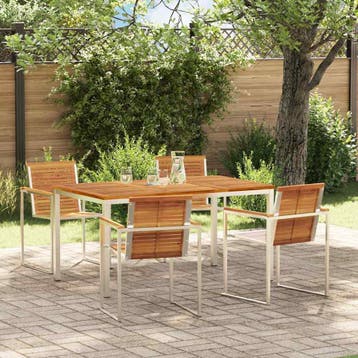 vidaXL Tuin eettafelset 5 st Massief acaciahout en roestvrij, Verzenden, Nieuw, 5 zitplaatsen