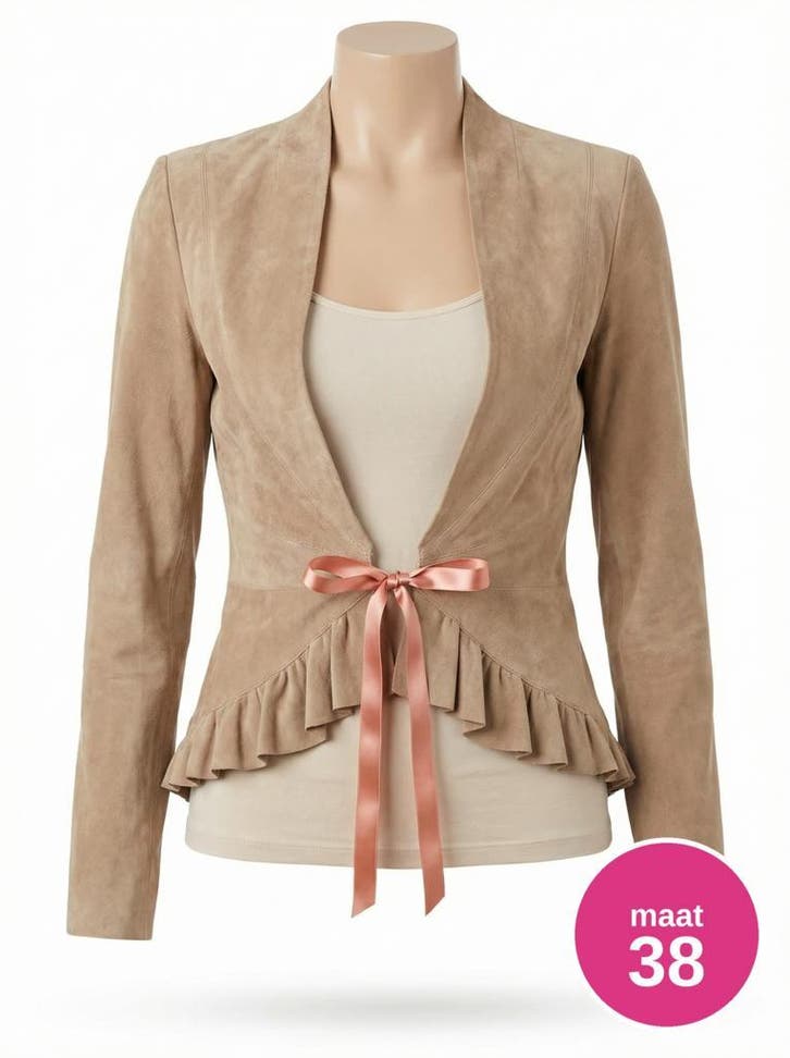 Nougat London echt suède jasje met ruches - maat 3, Kleding | Dames, Jasjes, Kostuums en Pakken, Jasje, Beige, Maat 38/40 (M)