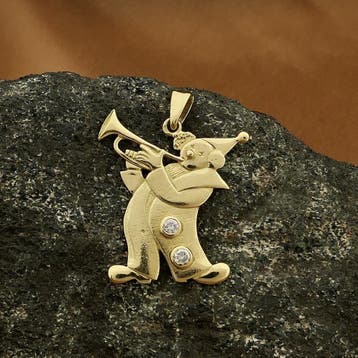 Gouden hanger van een clown met zirconia (Hanger of bedel), Ophalen of Verzenden, Gebruikt, Goud, Overige merken