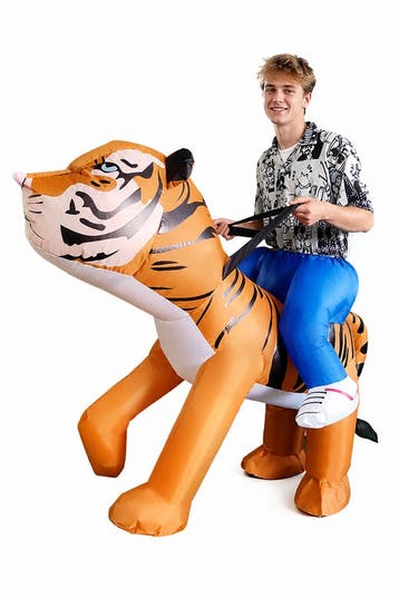 KIMU® Opblaas Kostuum Zittend Op Siberische Tijger Opblaasba, Carnaval, Nieuw, Overige maten, Ophalen of Verzenden