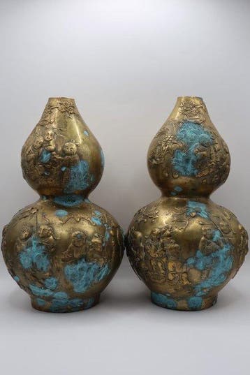 Dubbele kalebas vaas - Messing - China - Paar Chinese brons