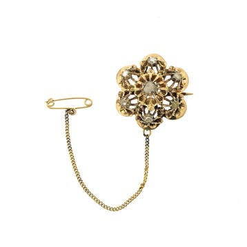 Gouden broche met roos geslepen diamanten; Ca 0,40 ct., Gebruikt, Ophalen of Verzenden, Met edelsteen, Goud