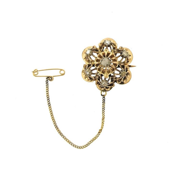 Gouden broche met roos geslepen diamanten; Ca 0,40 ct., Sieraden, Tassen en Uiterlijk, Broches, Goud, Gebruikt, Met edelsteen