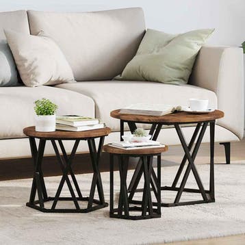 vidaXL Nestbare Bijzettafel 3 st Gerookt eiken 53 x 53 x 40, Huis en Inrichting, Tafels | Salontafels, Verzenden, Rond, Nieuw