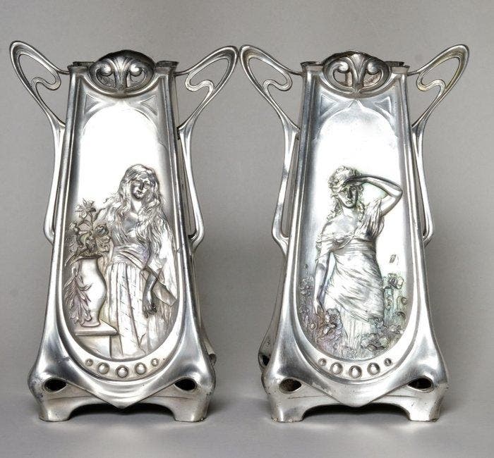 Vaas (2) - Zink versilbert - Art Nouveau, Antiek en Kunst, Kunst | Designobjecten