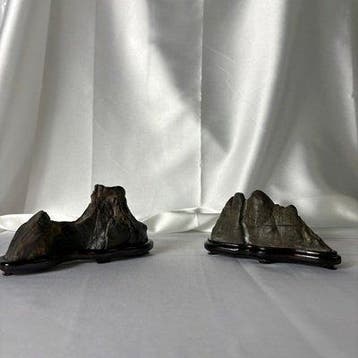 Steen, Hout - Japanse Suiseki-steen en hout Abekawa-Ishi