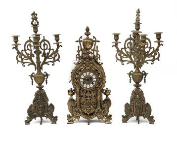 Een driedelig messing schouwpendulestel, circa 1900, Antiek en Kunst