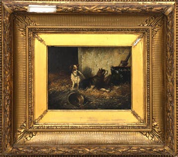 Vincent de Vos (1829-1875), Twee honden in de stal, Antiek en Kunst