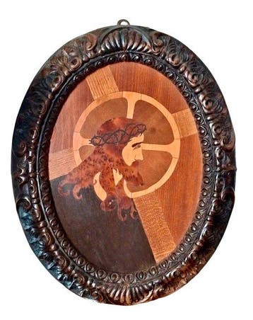Religieus schilderij - dubbel inlegwerk in hout - 54 cm -