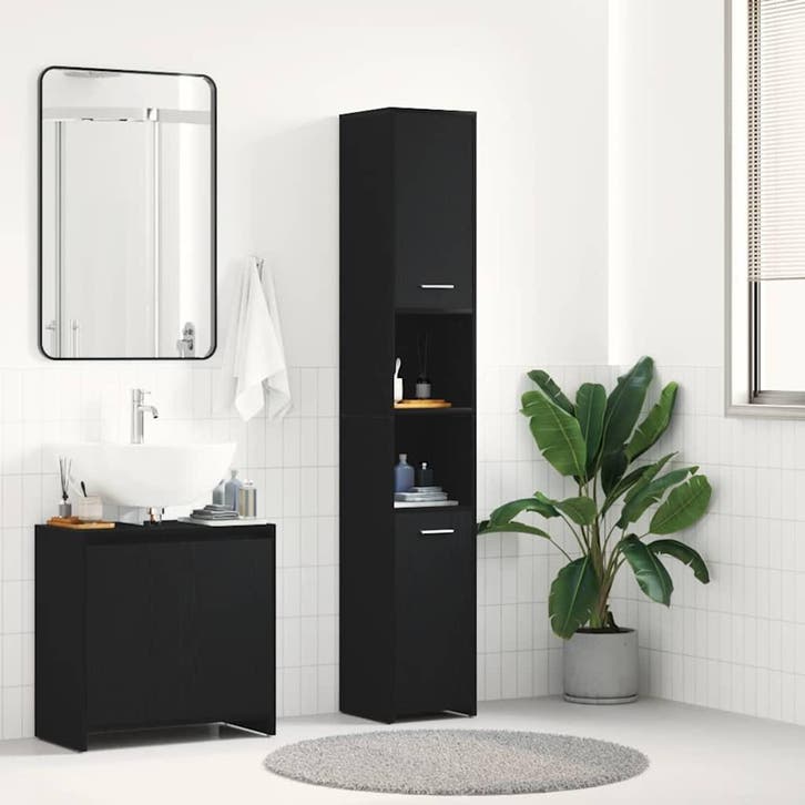 vidaXL Badkamerkast Zwart Eiken 30x30x183,5 cm Bewerkt Hout, Huis en Inrichting, Badkamer | Badkamermeubels, (Half)hoge kast, Nieuw