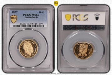 Gouden Willem III 10 gulden 1877 MS66 PCGS gecertificeerd, Koning Willem III, Verzenden, Goud, Losse munt