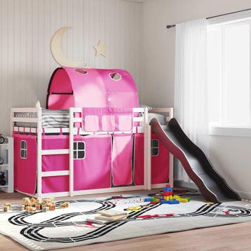 vidaXL Stapelbed met glijbaan en gordijnen roze 90x200 cm, 90 cm, Eenpersoons, Verzenden, Nieuw
