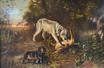 Belgische school (XIX) - Scena di caccia con wolfhound