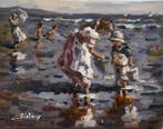 Francis Cristaux (1950) - Fillettes sur la Plage Normande, Antiek en Kunst, Kunst | Schilderijen | Klassiek