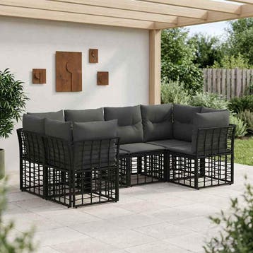 vidaXL Buiten bankenset met kussen 6 pcs Zwart Polyester, Tuin en Terras, Tuinsets en Loungesets, Verzenden, Nieuw, Rotan, 6 zitplaatsen