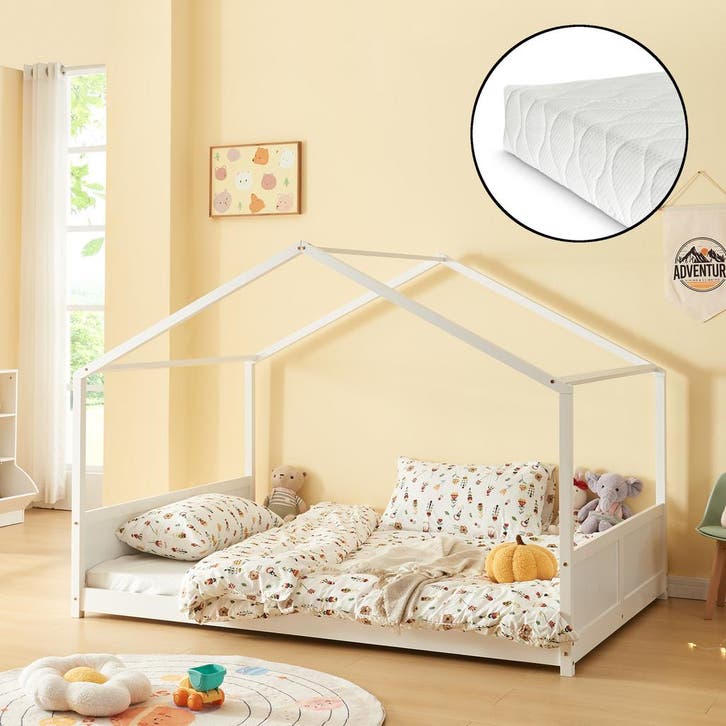 Kinderbed Simo huisbed met matras 140x200 cm wit [en.casa], Kinderen en Baby's, Kinderkamer | Bedden, Verzenden