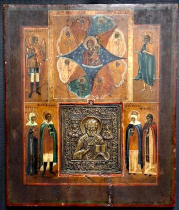Icoon - Moeder Gods, Nikolaas de Wonderdoener - Hout, Brons