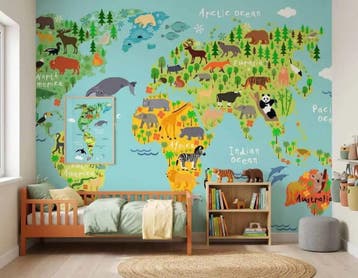 Wereldkaart behang – dieren in heldere kleuren, Overige merken, Modern, Ophalen of Verzenden, Dieren