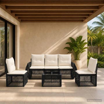 vidaXL Tuinbankenset 6 pcs Zwart en Cream Wit poly rattan, Verzenden, Nieuw, 6 zitplaatsen