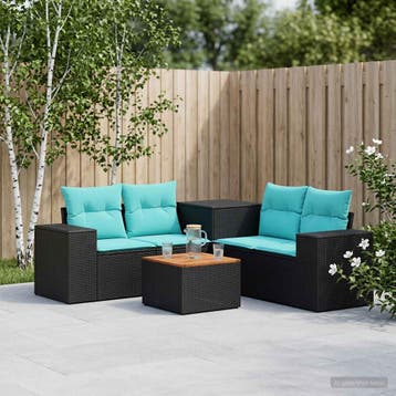 vidaXL Bankstel 6 st Zwart en Blauw Poly Rattan en Staal, Verzenden, Nieuw