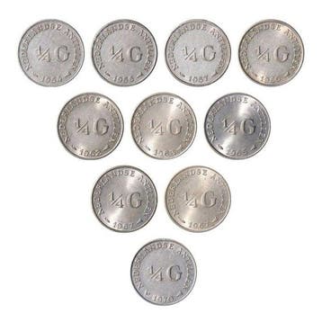 Nederlandse Antillen. 1/4 Gulden 1954 t/m 1970 compleet (lot