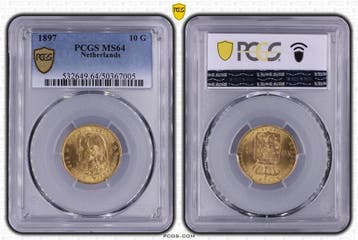 Gouden Wilhelmina 10 gulden 1897 MS64 losse parels PCGS, Verzenden, Goud, Koningin Wilhelmina, Losse munt
