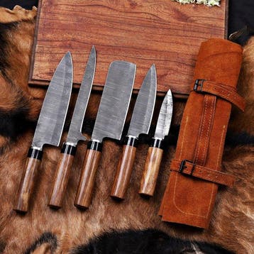 Keukenmes - Chefs knife - rozenhout, staal, leer - Spanje -