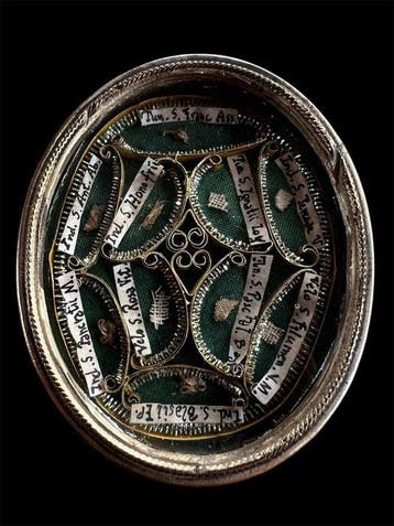 Reliekhouder - Brons, Gouden cartouche, Glas, Textiel - 20e