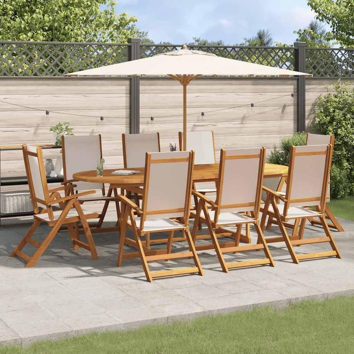vidaXL 9-delige Tuinset massief acaciahout en textileen, Tuin en Terras, Tuinsets en Loungesets, Tuinset, Nieuw, 8 zitplaatsen
