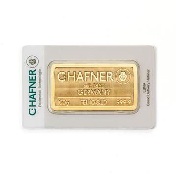 100 gram goudbaar C. Hafner met certificaat LBMA, Verzenden, Goud