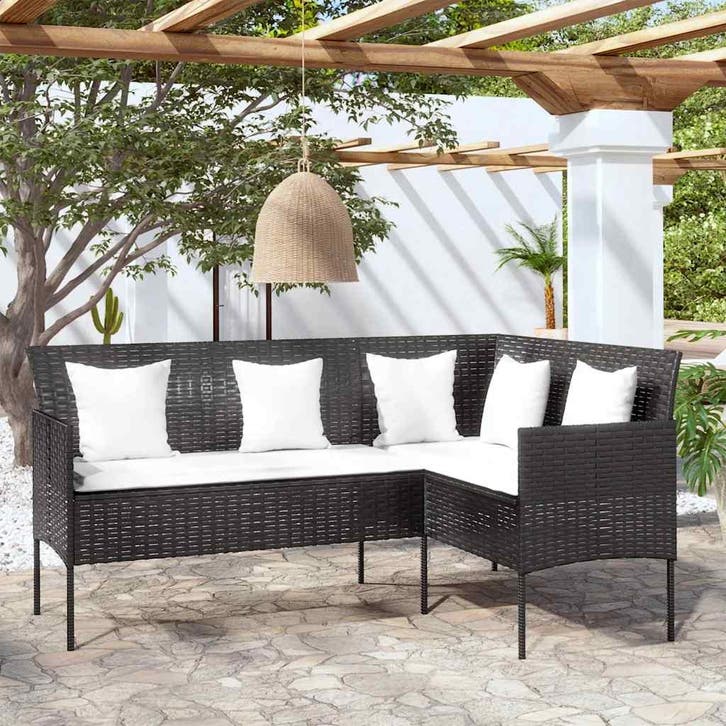 vidaXL Loungebank met kussens L-vormig poly rattan zwart, Tuin en Terras, Tuinsets en Loungesets, Loungeset, Nieuw, Verzenden