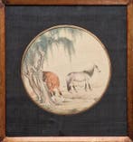 Een Chinees origineel ingelijnd schilderij waarop paarden te