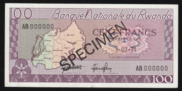 Rwanda Ruanda Pick 8 s2 100 Francs Muster 01/07/1971, Verzenden