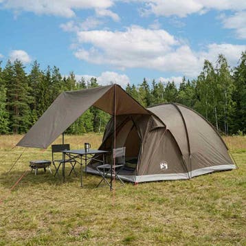 vidaXL Huisje Tent met dak Bruin grijs 4-persoons Polyester, Verzenden, Nieuw, Tot en met 2