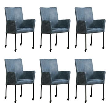 Set van 6 Leren eetkamerstoelen Comfort met wieltjes en, Ophalen of Verzenden, Nieuw, Leer