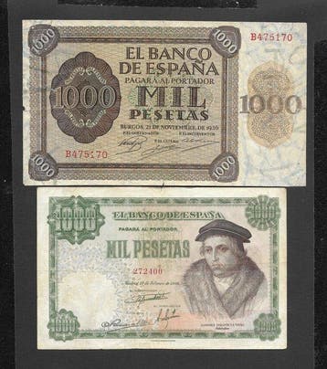 Spanje. - 2 x 1000 Pesetas - 1936/1946, Postzegels en Munten