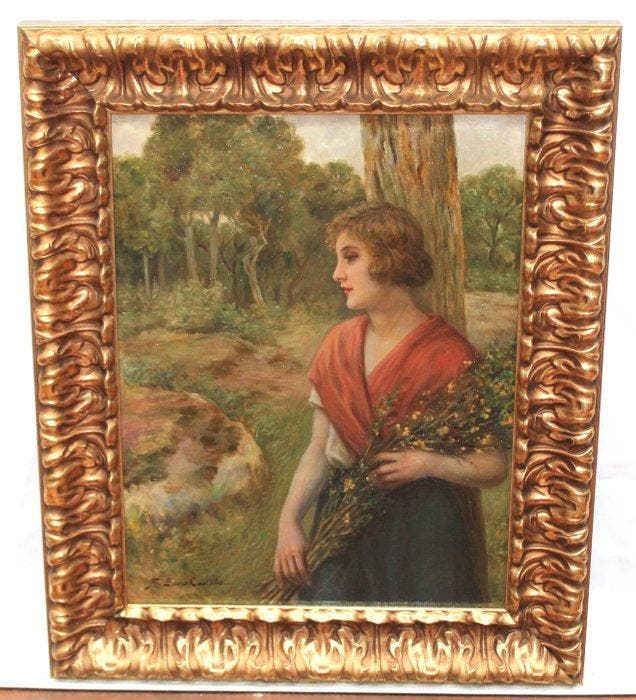 Francisco Sans Castaño (1868-1937) - Mujer con ramo de, Antiek en Kunst, Kunst | Schilderijen | Klassiek