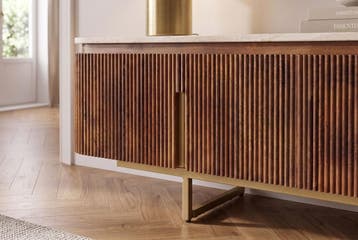 TV-Meubel GATSBY 160cm retro stijl mangohout travertijn blad, Ophalen of Verzenden, Nieuw