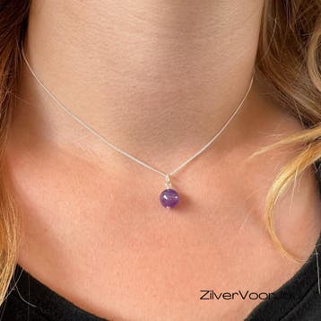 925 zilveren ketting met 8 mm amethist bol – verstelbare len, Verzenden, Nieuw, Zilver