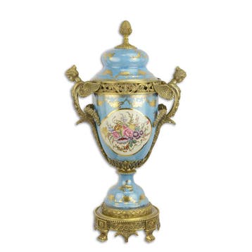 Bronzen urn van blauw geslepen porselein en deksel, Verzenden, Nieuw