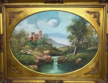 Nederlandse school (XX) - Paesaggio fluviale con case