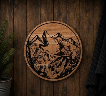 Prachtig houten wandbord met wolf, Ophalen, Hout, Nieuw, Wandcirkel